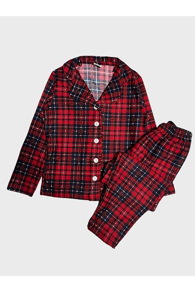 Fil Kids Girls' Cotton Suede Fabric Red Plaid Print Shirt Collar Buttoned Long Sleeve Pajamas Set