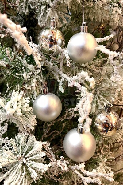 Huzur Party Store Γυαλιστερό ματ ασημί χρώμα Cici μπάλα 5 εκ. 6 τεμαχίων Πρωτοχρονιάτικο στολίδι από ξύλο πεύκου Κορδόνι γκρι ασημένιες μπάλες