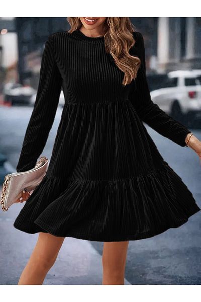 İpeksi Silky Women's Long Sleeve Crew Neck Pleated Thick Ribbed Camisole Dress