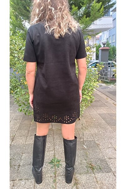 KAROL Suede Fabric Laser Cut Detail Black Mini Dress