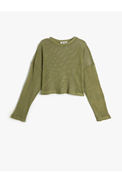 Koton Kurzes, durchbrochenes T-Shirt mit langen Ärmeln und Rundhalsausschnitt