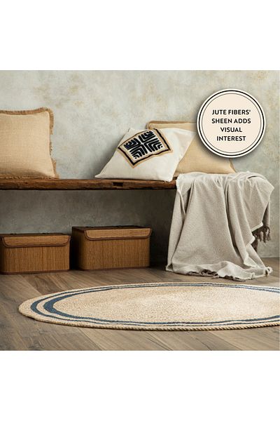 English Home Juteteppich rund Boho und Ethno Look für Wohnzimmer, Schlafzimmer, 90x90 cm