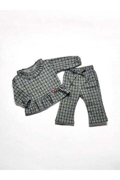 Zekids Baby Girl Checkered Baby Collar Knitted Trousers Set