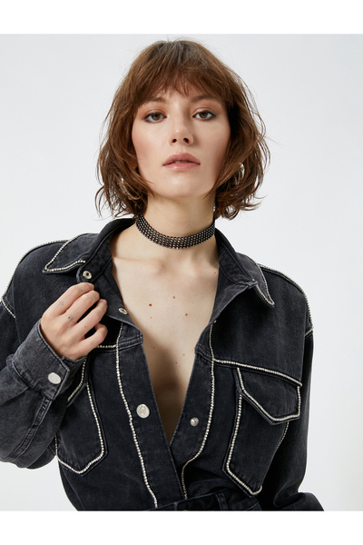 Koton Jeansjacke mit Steinstickerei – Hemdkragen mit Taschen