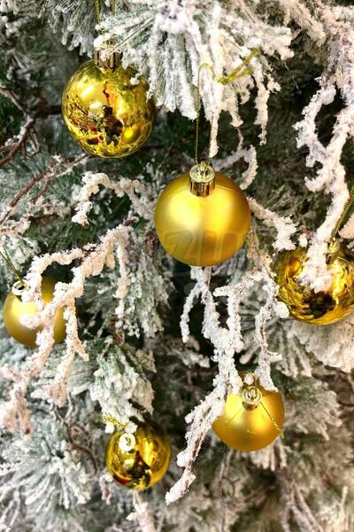 Huzur Party Store Γυαλιστερό ματ χρυσό πολύχρωμο μπαλάκι 5 εκ. 6 τεμαχίων Πρωτοχρονιάτικο Στολίδι Πεύκο με κορδόνι χρυσό κίτρινο