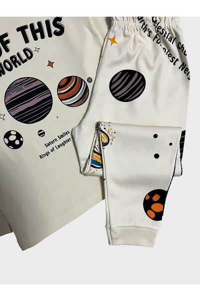 elmas kids Boy's 100% Cotton Ecru Planet Space Star Print Long Sleeve Winter Pajamas Set