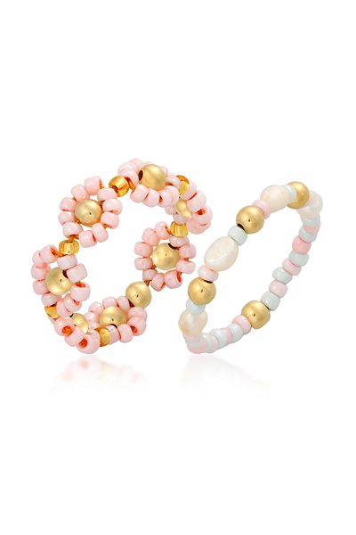 ELLI Ring Ladies Glass Beads Set Of 2 With Freshwater Cultured Pearls In 925 Sterling Silver Gold Plated
