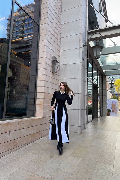 HELİS BUTİK White Black Pleat Skirt Knitwear Dress