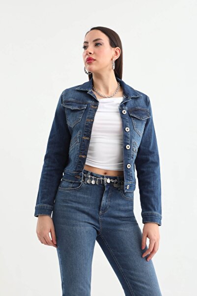 BANNY JEANS Women's Dark Blue Jean Jacket with Pocket Detail