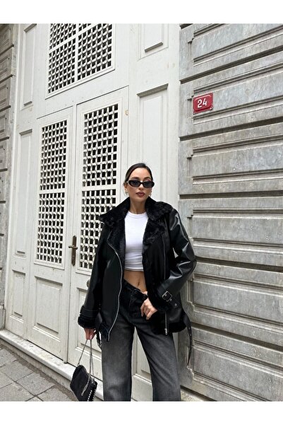 Genel Markalar İçi Kürklü Suni Deri Toscana Kemerli Biker Deri Mont