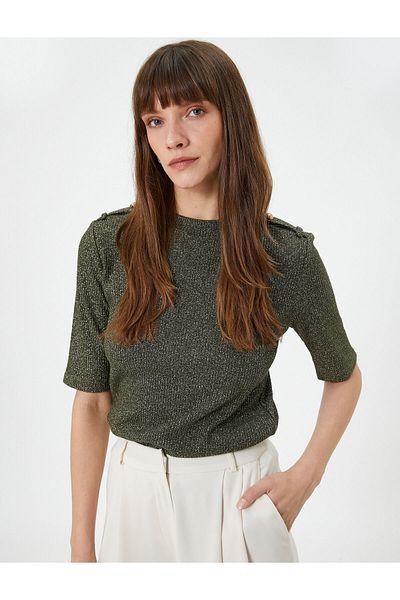 Koton Glitter Knitwear T-Shirt - Short Sleeve, Crew Neck, Epaulettes