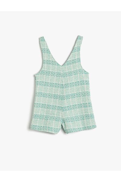 Koton Salopet Tweed Jumpsuit Short Pocket Detailed V-Neck
