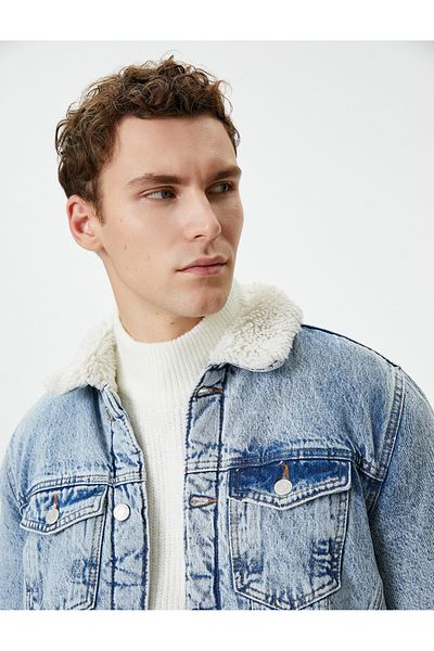 Koton Denim Jacket Buttoned Faux Fur Detailed Classic Collar Pocket