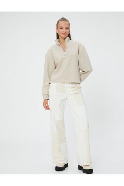 Koton Raised Half Zipper Sweatshirt Relaxed Fit Stand Collar Textured