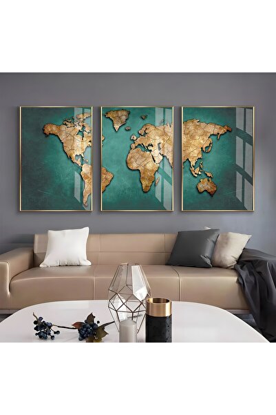 EMYA HOME Triple World Map Glass Painting with Metal Frame