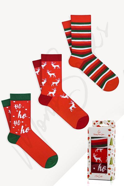Mono Socks - Pack of 3 Deer Hoho Patterned New Year's Gift Socks