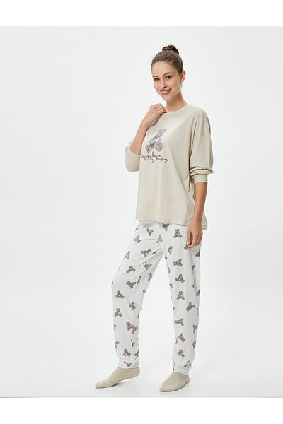 Koton Long Sleeve Pajama Set Printed Slim Leg Cotton