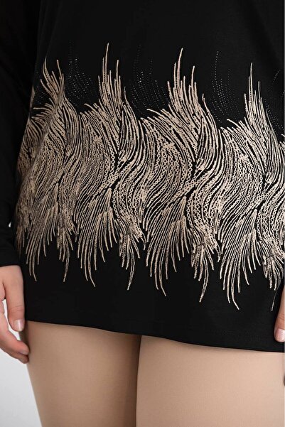 FOR ESRA BIG TREND Women's Plus Size Bottom Pattern Printed Crew Neck Side Slit Stretchy Viscose Blouse