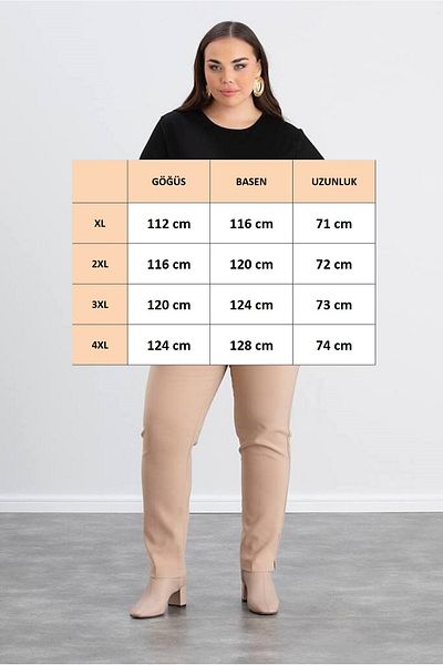 FOR ESRA BIG TREND Women's Plus Size Bottom Pattern Printed Crew Neck Side Slit Stretchy Viscose Blouse