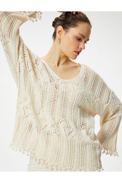 Koton Openwork Sweater V-Neck Long Sleeve