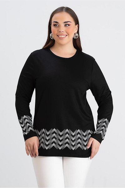 FOR ESRA BIG TREND Women's Plus Size Sleeve and Hemline Pattern Stone Print Stretchy Viscose Blouse with Side Slit