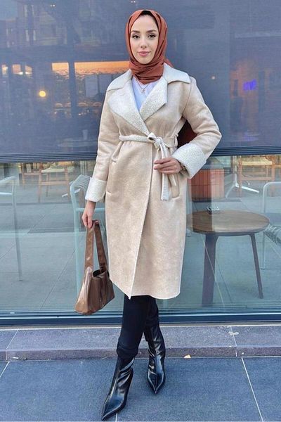 TRENDTESETTÜR Ecru Women's Belted Coat - A.Taş t 9595