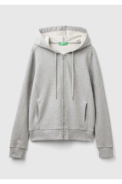 United Colors of Benetton Women's Gray Melange 100% Cotton Zippered Hooded Colorful Piping Sweatshirt