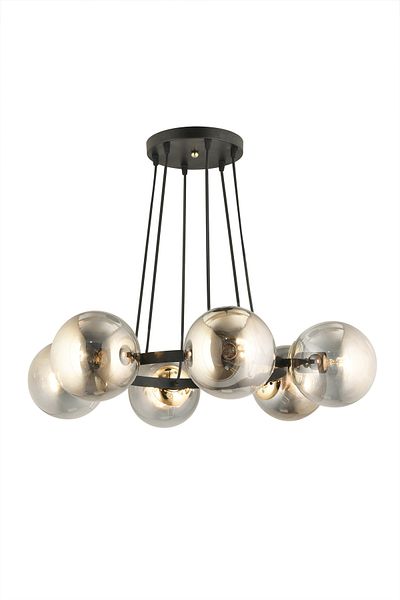 SONSUZ AYDINLATMA&AVİZE Infinite Black 6-Piece Ring Smoked Globe Glass Modern Chandelier