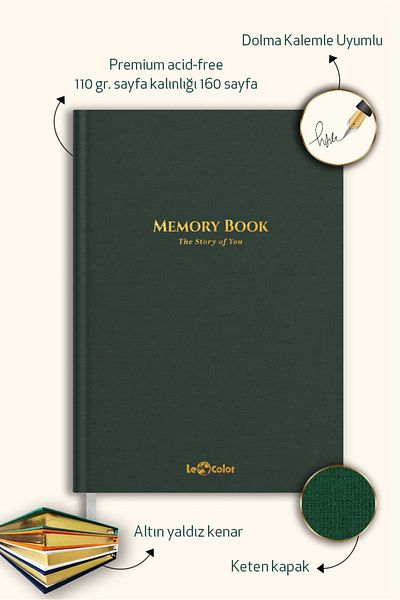Le Color Green Linen Album - Fountain Pen Compatible, Gold Edged Keepsake Book