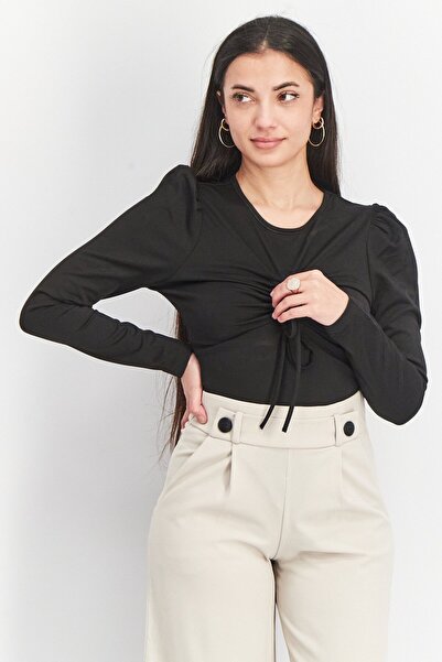 Fashion Union Women Drawstring Keyhole Long Sleeve Bodysuit, Black