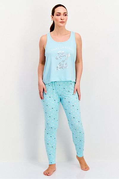 French Affair Women 2 Pieces Printed Top And Pajama Set, Turquoise