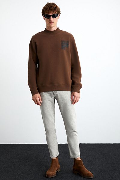 GRIMELANGE Chasey Men's Organic Cotton Stand Collar Fleece Printed Bitter Brown Sweatshirt