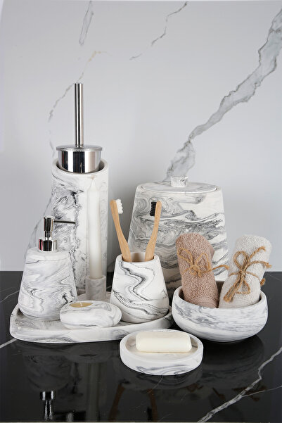 betonmall 11 Parça Mermer Desenli Beton Banyo Seti Katı Sıvı Sabunluk Diş Fırçalık Çöp Kovası Mumluk Tepsi