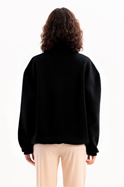 JUSTEVER Oversize Fit Stand Collar Semi Zippered Raised Black Women's Sweatshirt - Cass