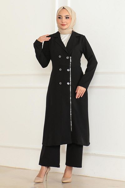 Modamihram Black Zippered Set - Button Detailed 19219