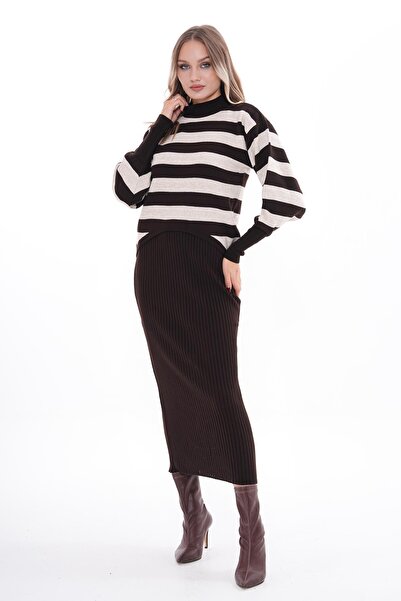 ŞİMAL Women's Striped Patterned Knitwear Knitted Two-Piece Set 255049 -