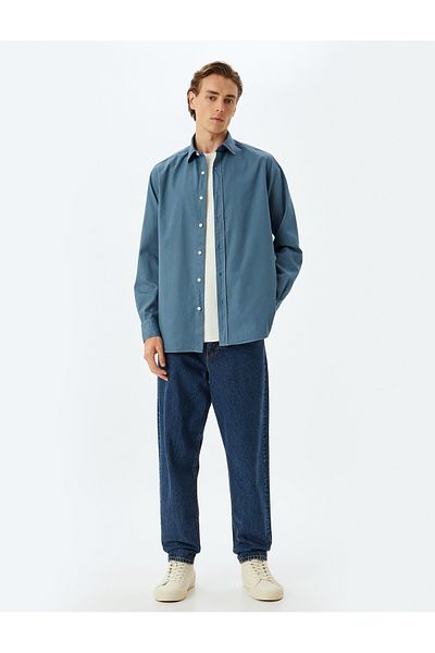 Koton Long Sleeve Cotton Shirt - Half Italian Neckline with Buttons