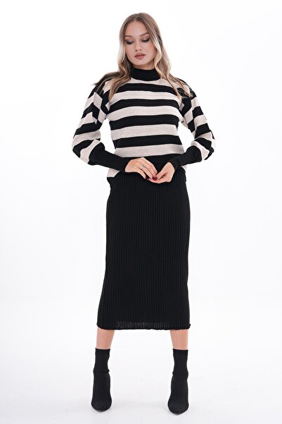 ŞİMAL Women's Striped Patterned Knitwear Knitted Two-Piece Set 255049 -