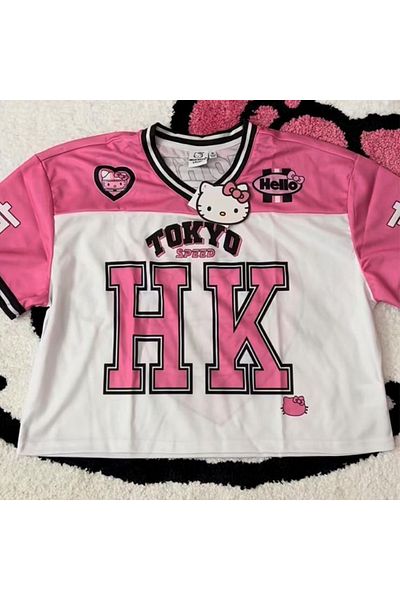 Köstebek Crop cu mânecă scurtă Tokyo Speed HK în bucăți alb Hello Kitty Pink