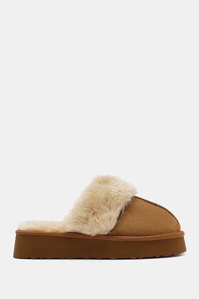 Bestyle Γυναικείες παντόφλες Lotus Camel με εσωτερική γούνα
