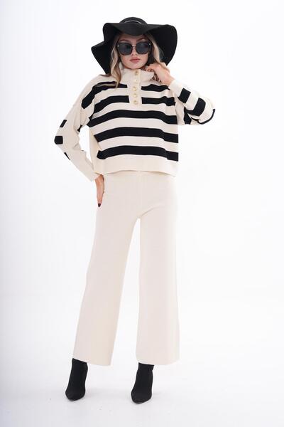 ŞİMAL Women's Stripe Detailed Trouser Knitwear Knitted Two-Piece Set 255051 -
