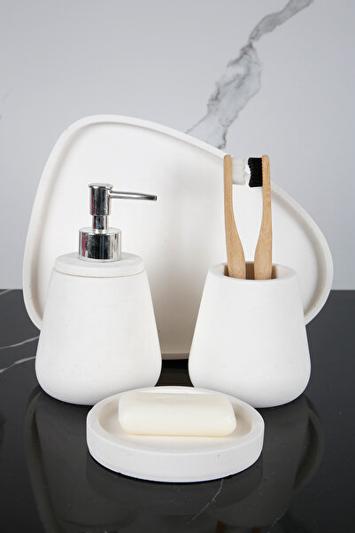 betonmall Set de baie din beton cu model de marmură de 4 bucăți Dozator de săpun lichid solid Suport pentru periuță de dinți Tavă de prezentare