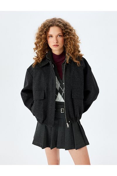 Koton Classic Collar Zippered Oversize Jacket with Pocket Detail