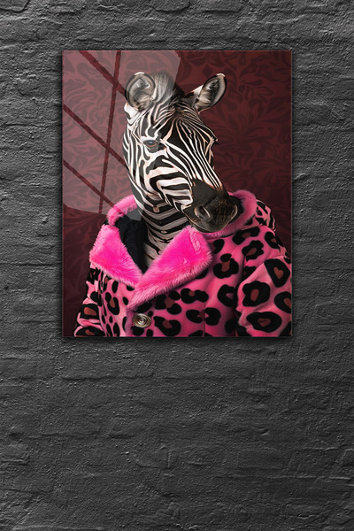 z zizuph Pembe Leopar Kürklü Zebra Desen, 4 mm Temperli Kırılmaz Cam Tablo