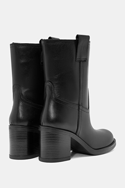 Bestyle Zenda Kadın Siyah Gerçek Deri Kalın Topuklu Bot