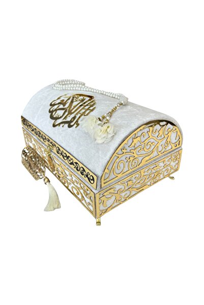 Mustafa Ediz İsme Özel Beyaz Kadife Kaplı Define Sandıklı Kuranı Kerim Seti