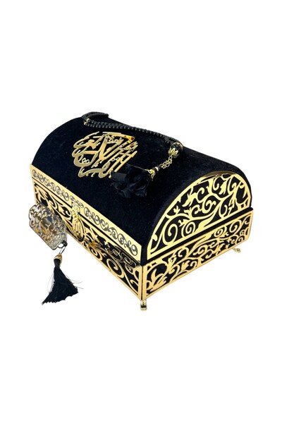 Mustafa Ediz İsme Özel Siyah Kadife Kaplı Define Sandıklı Kuranı Kerim Seti