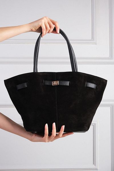 Mio Gusto Genuine Suede Black Color Drawstring Detailed Hand and Women's Shoulder Bag