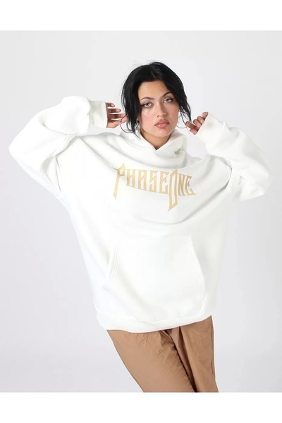 Sekizbiraltı Phaseone Друкована біла оверсайз унісекс худі з капюшоном