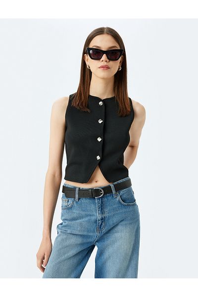 Koton Sleeveless Buttoned Crew Neck Knitwear Vest